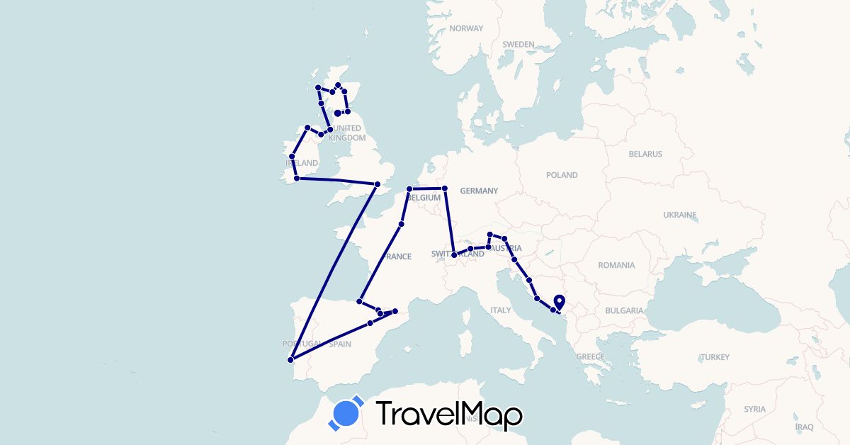 TravelMap itinerary: driving in Andorra, Austria, Belgium, Switzerland, Germany, Spain, France, United Kingdom, Croatia, Ireland, Liechtenstein, Portugal, Slovenia (Europe)